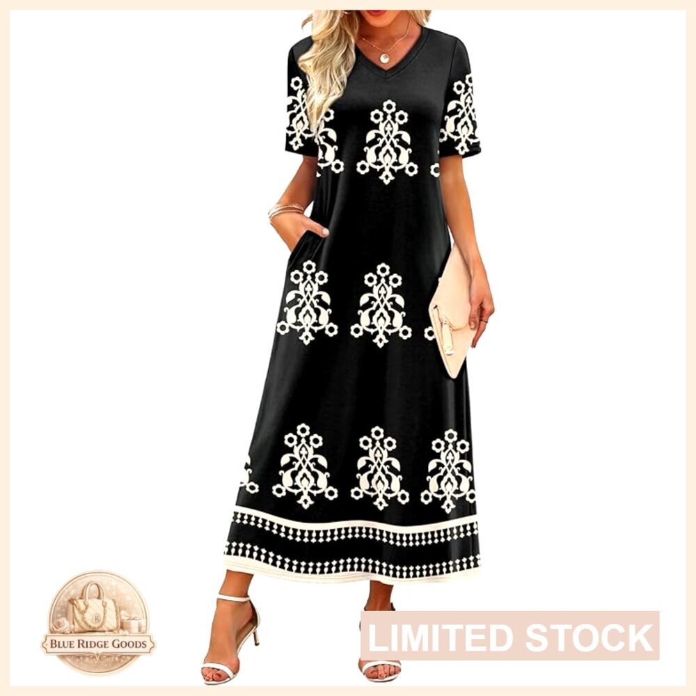 V-Neck Maxi Dress Flowy Boho Summer Casual Vacation Beach Sundress